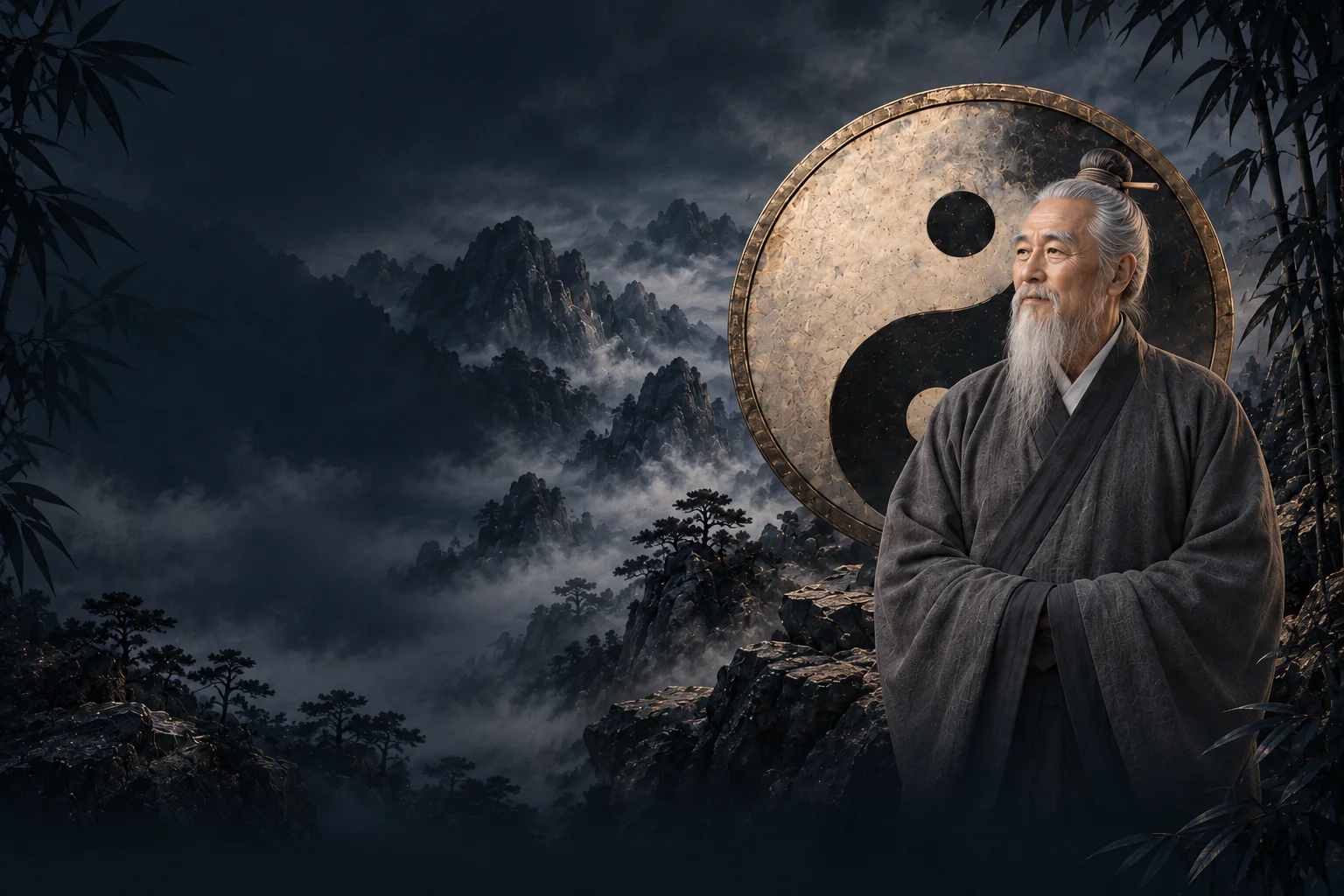 山霧與陰陽太極前的道家長者，AI 生成的虛構視覺形象